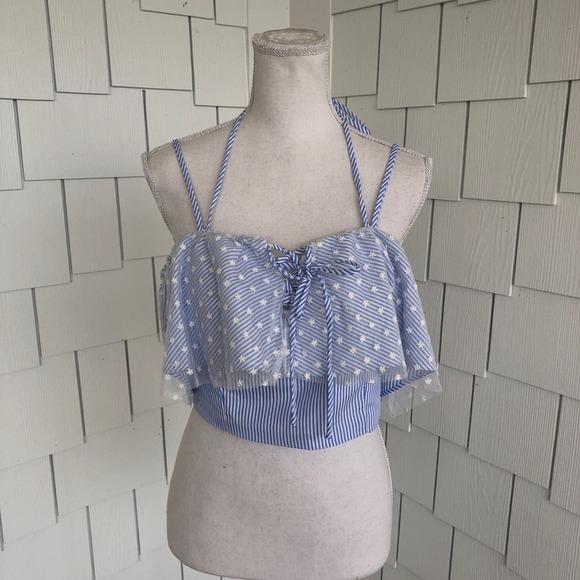 Do + Be Women's Blue/White Striped Floral Tulle Ruffle Neck Halter Crop Top sz M - Picture 2 of 5